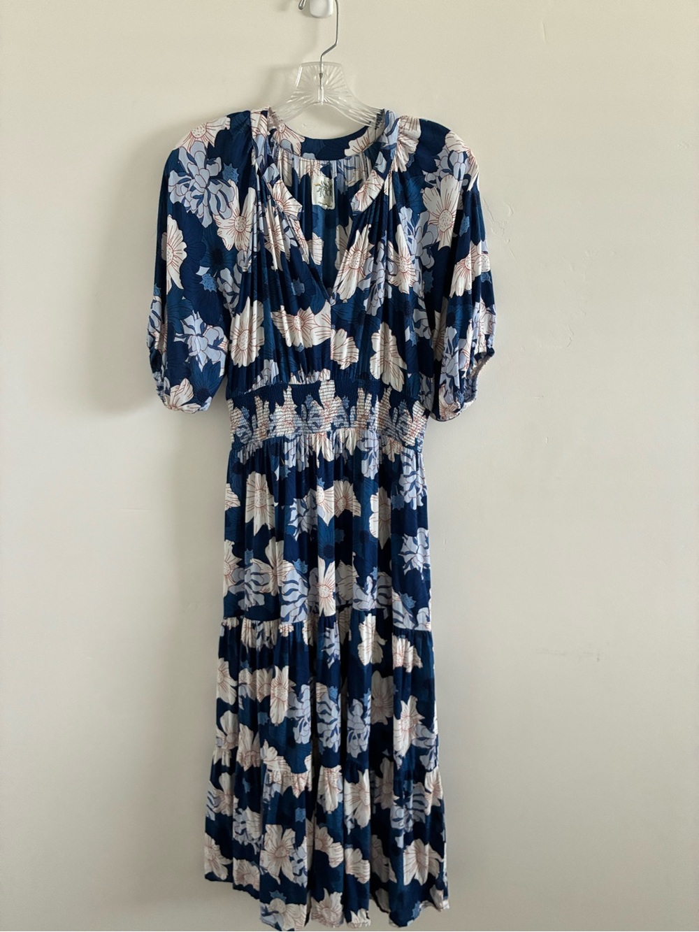 Navy Floral Maxi Dress with Smocked Waist and Puff Sleeves